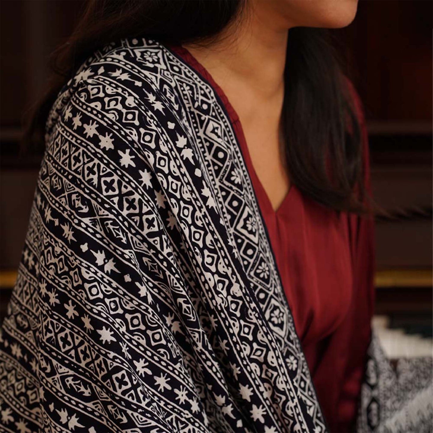 Hand Dyed Batik Scarf, 100% Cotton Fabric, Black White, Geometric