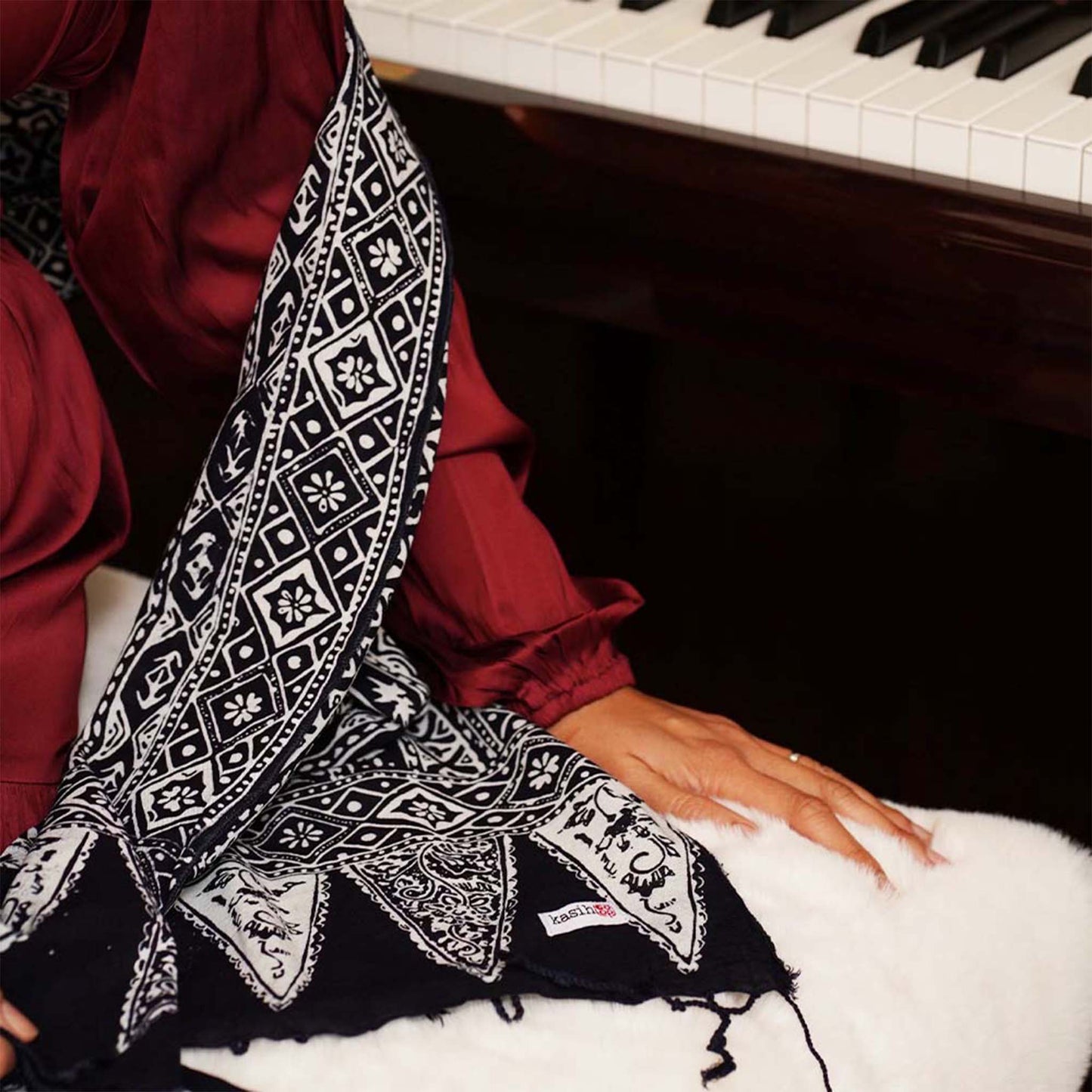 Hand Dyed Batik Scarf, 100% Cotton Fabric, Black White, Geometric