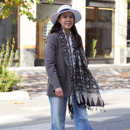 Handmade Batik Scarf - Cotton - Hibiscus Flower, Black, White