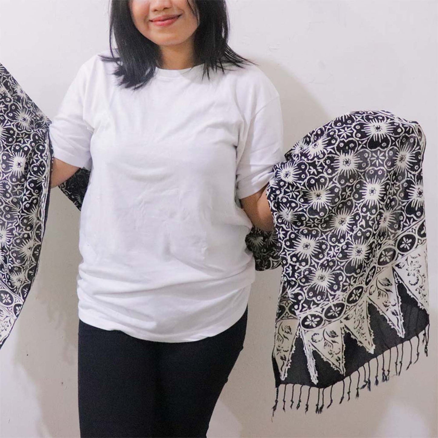 Handmade Batik Scarf - Cotton - Hibiscus Flower, Black, White