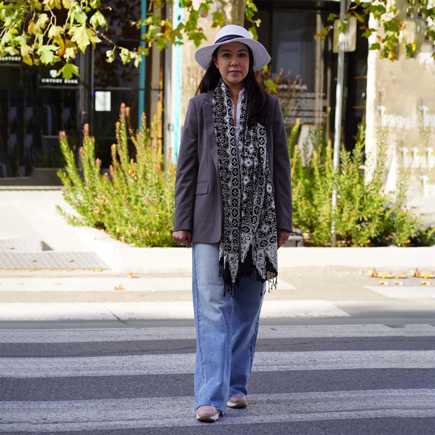 Handmade Batik Scarf - Cotton - Hibiscus Flower, Black, White