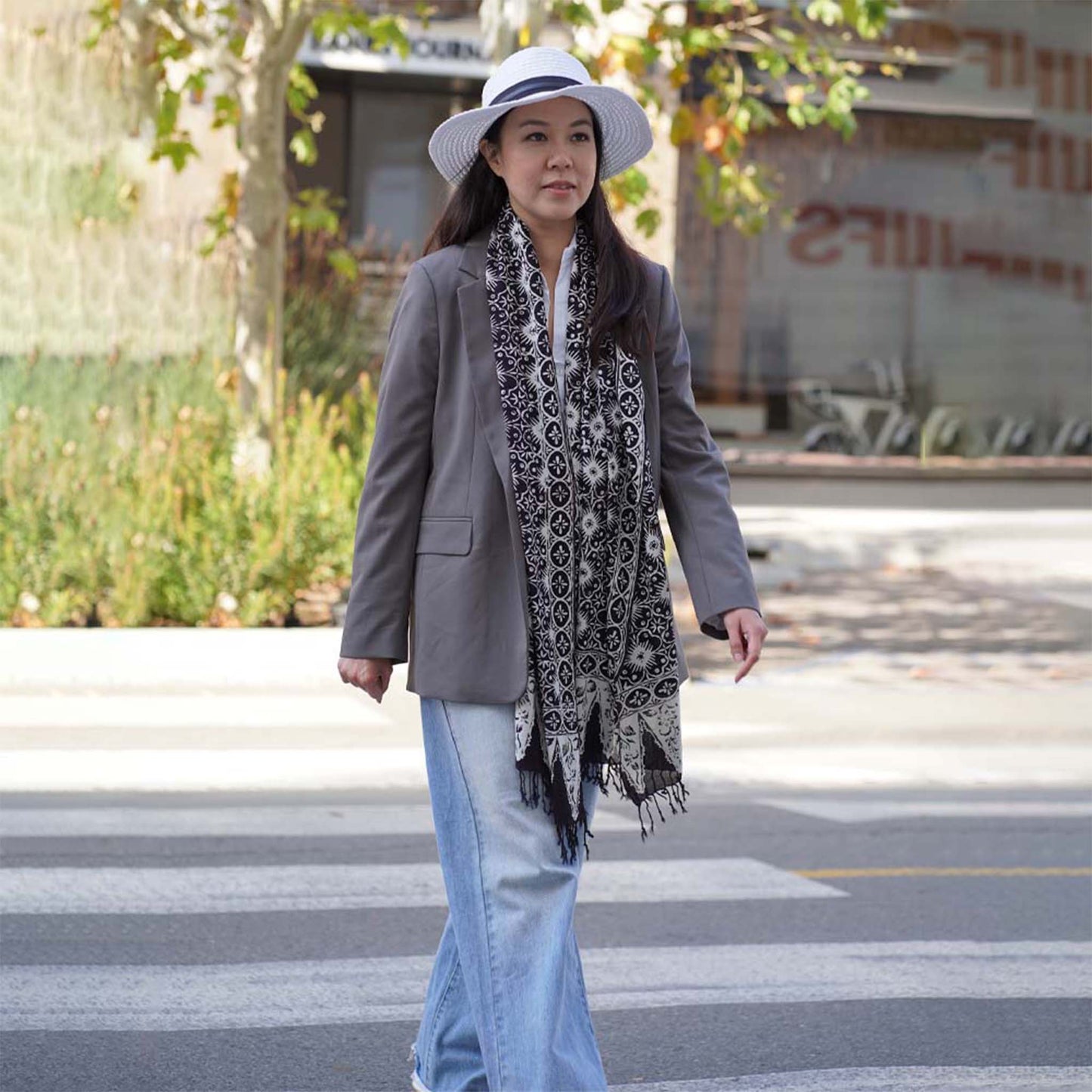 Handmade Batik Scarf - Cotton - Hibiscus Flower, Black, White