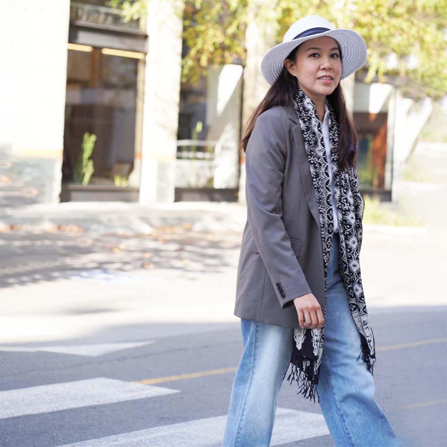 Handmade Batik Scarf - Cotton - Hibiscus Flower, Black, White