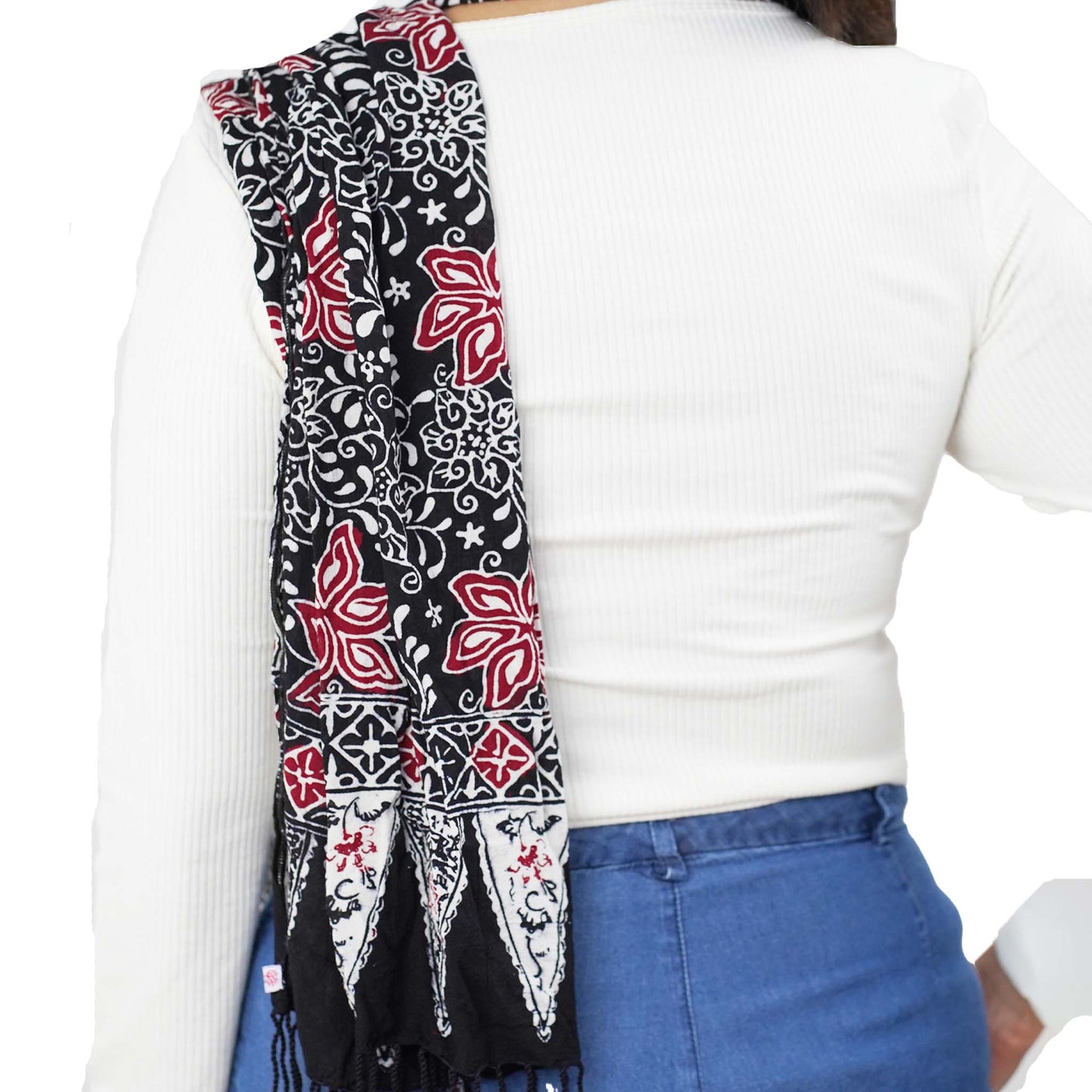 Hand Dyed Batik Scarf, 100% Cotton Fabric, Black Red Floral Star