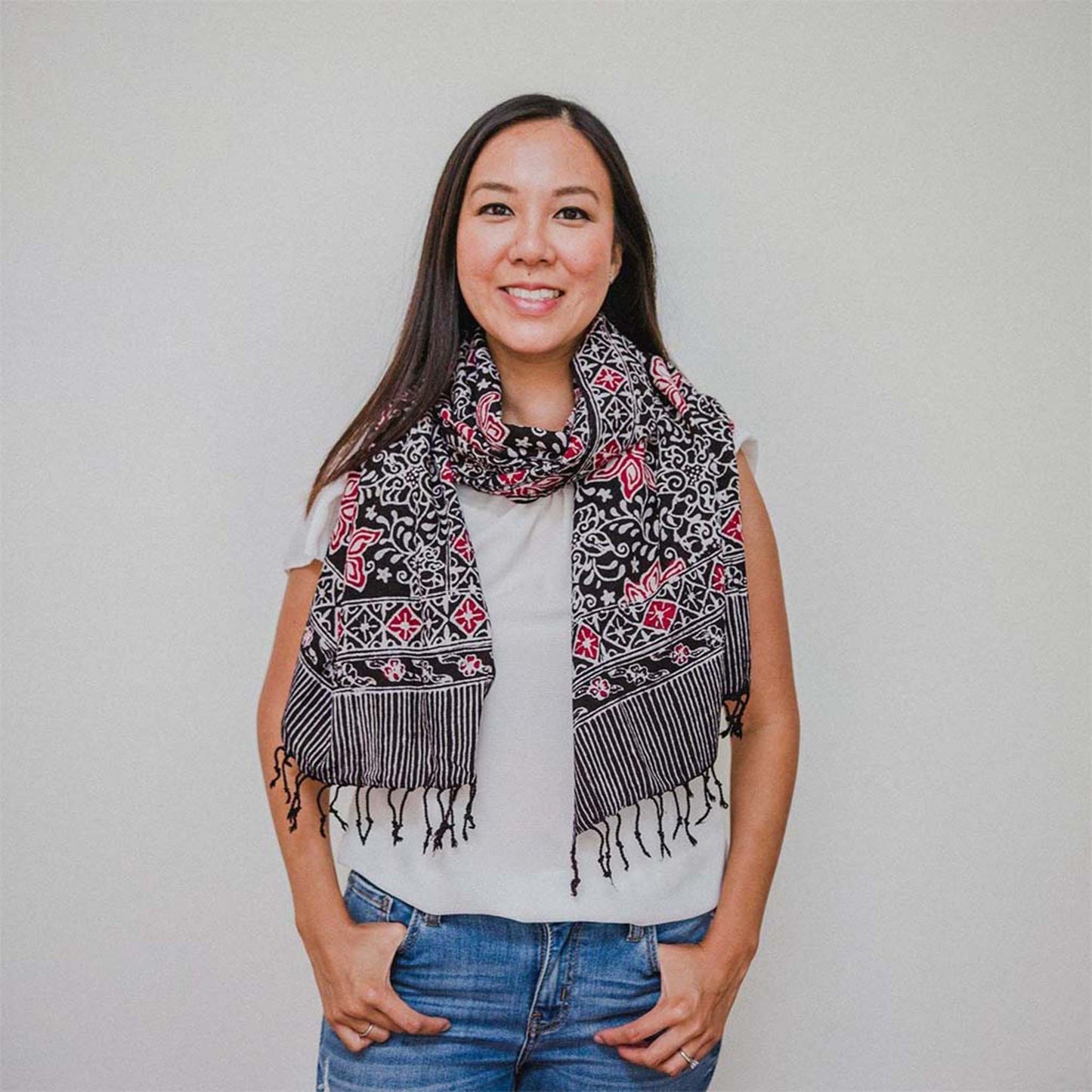 Hand Dyed Batik Scarf, 100% Cotton Fabric, Black Red Floral Star