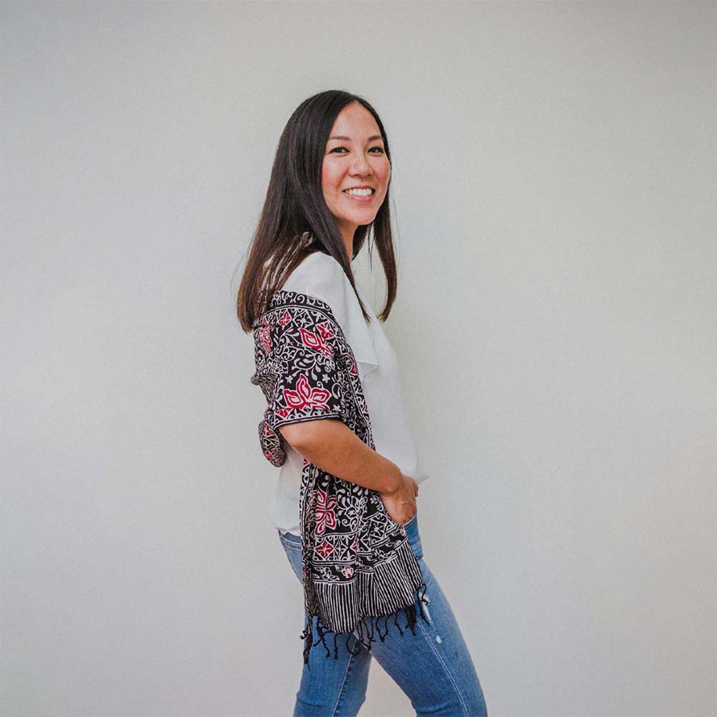 Hand Dyed Batik Scarf, 100% Cotton Fabric, Black Red Floral Star