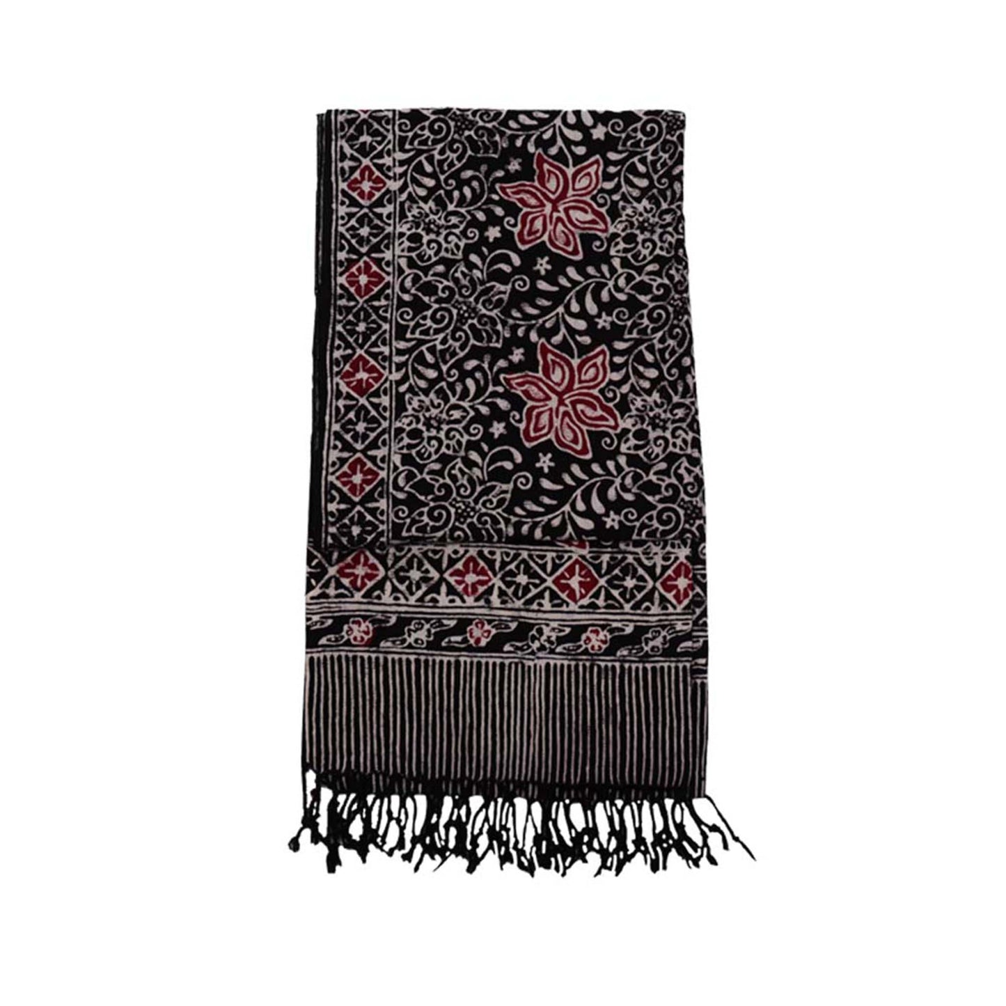 Hand Dyed Batik Scarf, 100% Cotton Fabric, Black Red Floral Star