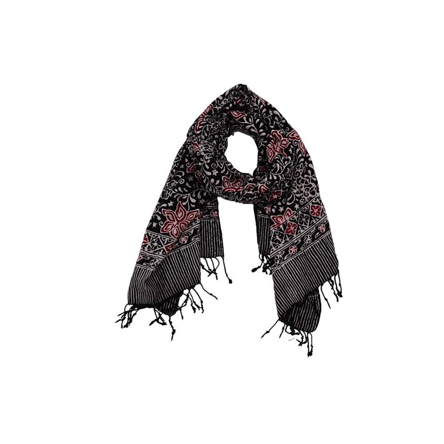Hand Dyed Batik Scarf, 100% Cotton Fabric, Black Red Floral Star