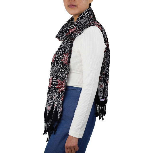 Hand Dyed Batik Scarf, 100% Cotton Fabric, Black Red Floral Star