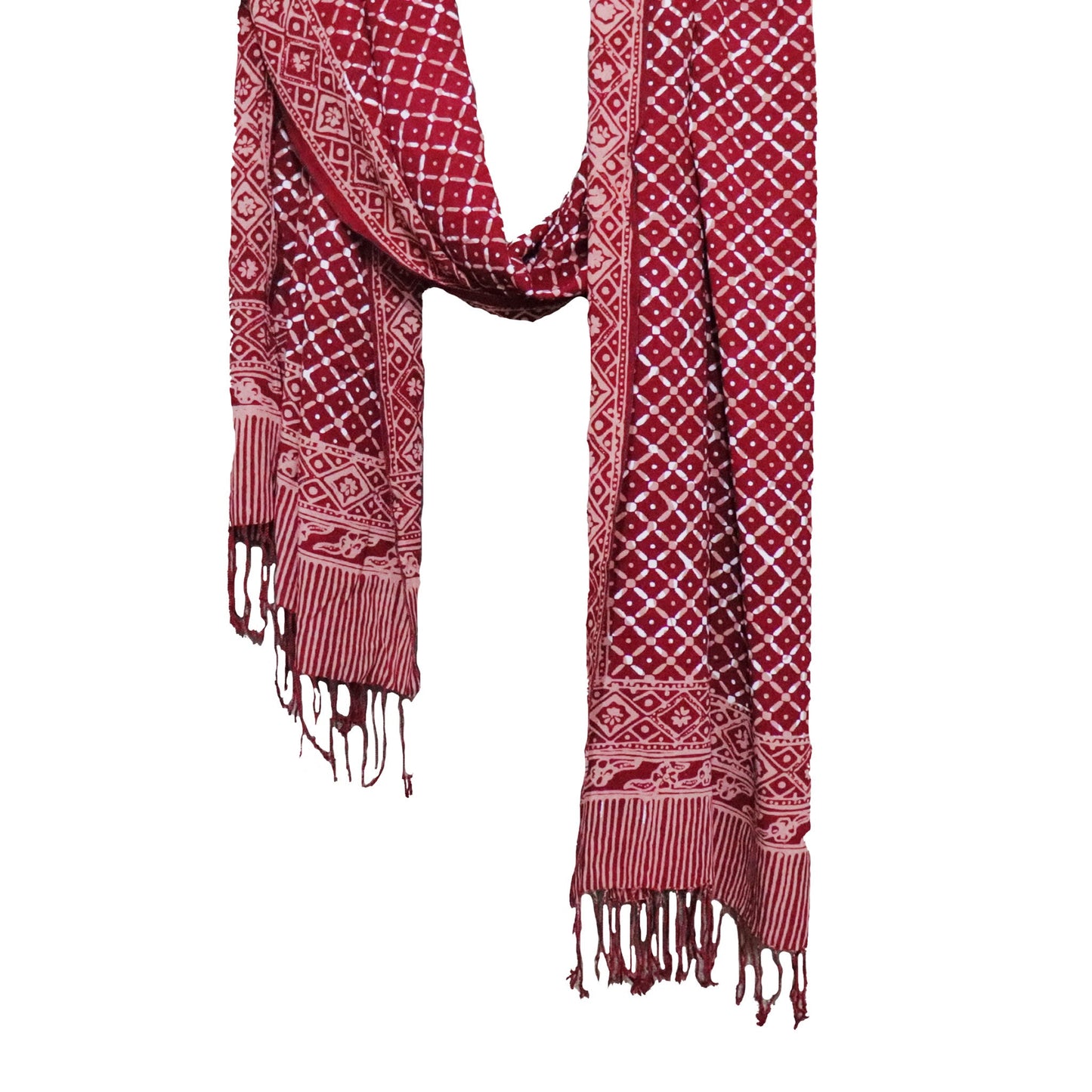 Handmade Batik Scarf - soft Cotton, Crimson Cross, Red Burgundy, Auburn