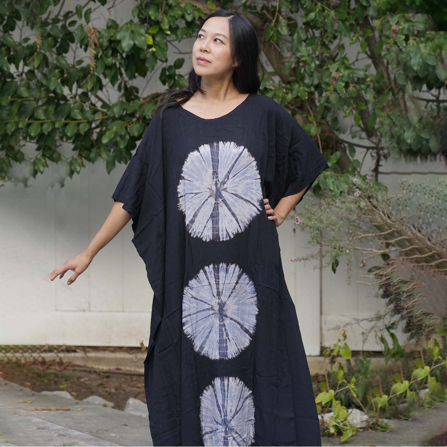 Kaftan Tie Dye Long Dress Shibori Black White Floral Pattern