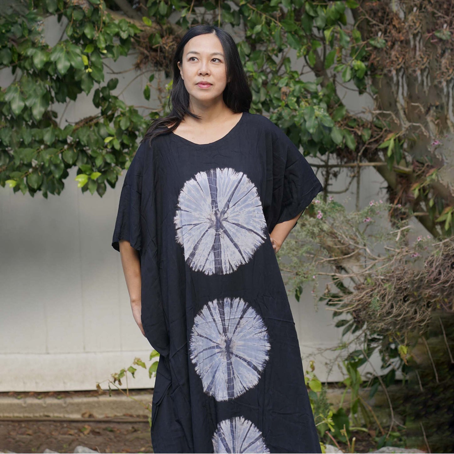 Kaftan Tie Dye Long Dress Shibori Black White Floral Pattern