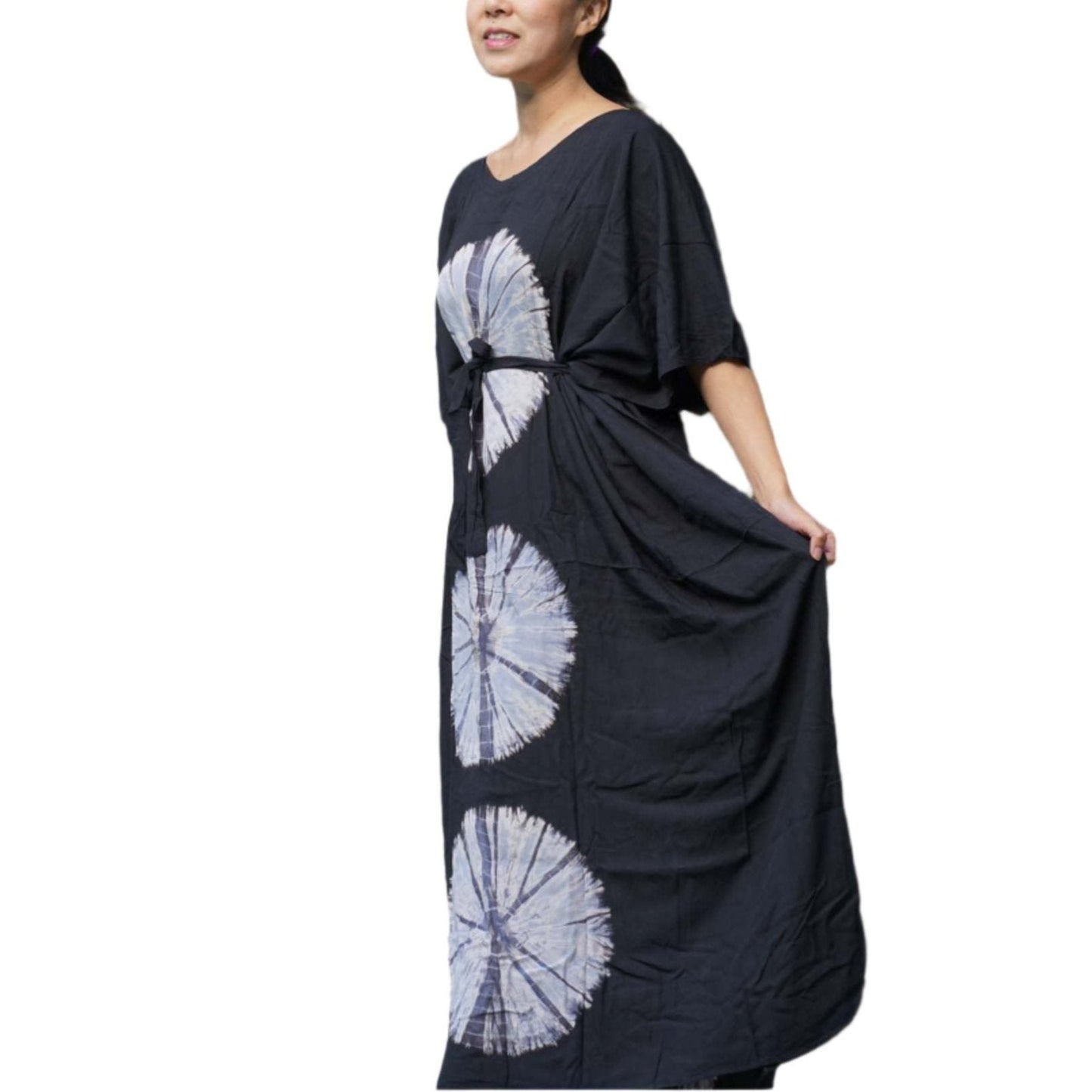 Kaftan Tie Dye Long Dress Shibori Black White Floral Pattern