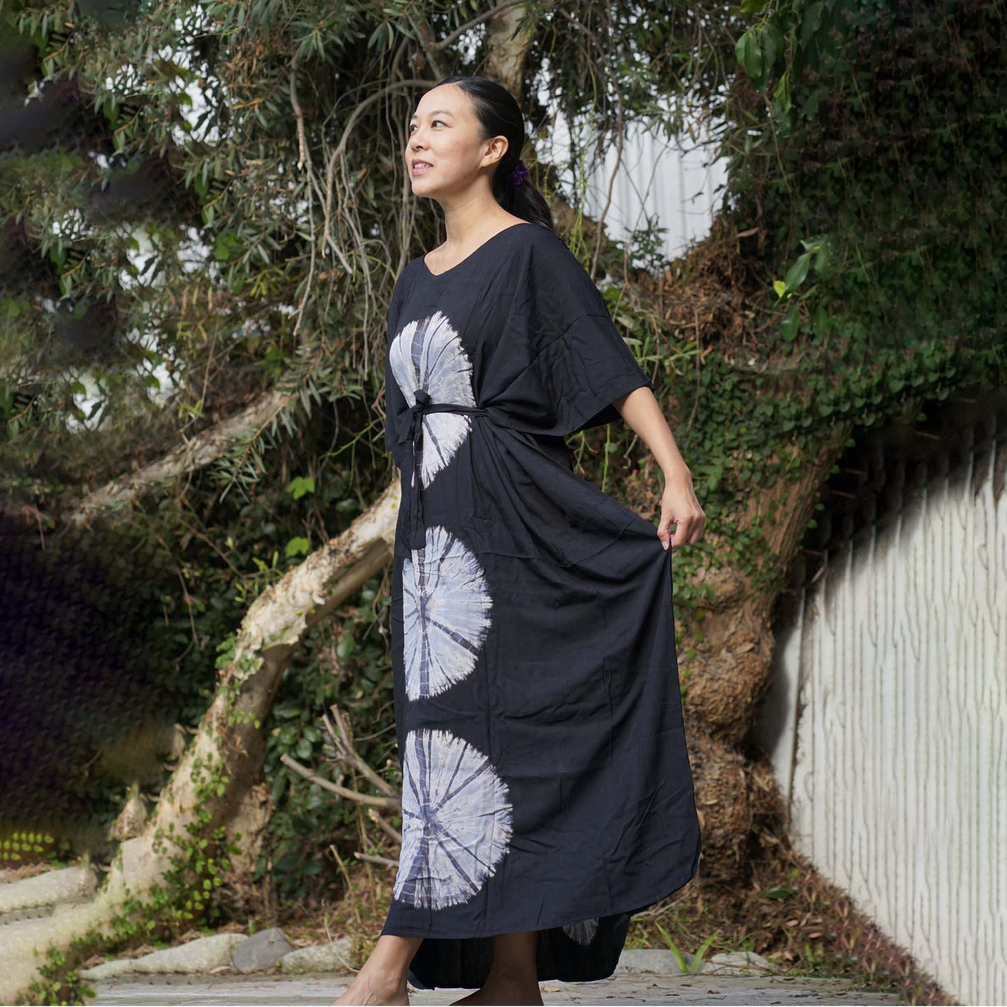 Kaftan Tie Dye Long Dress Shibori Black White Floral Pattern