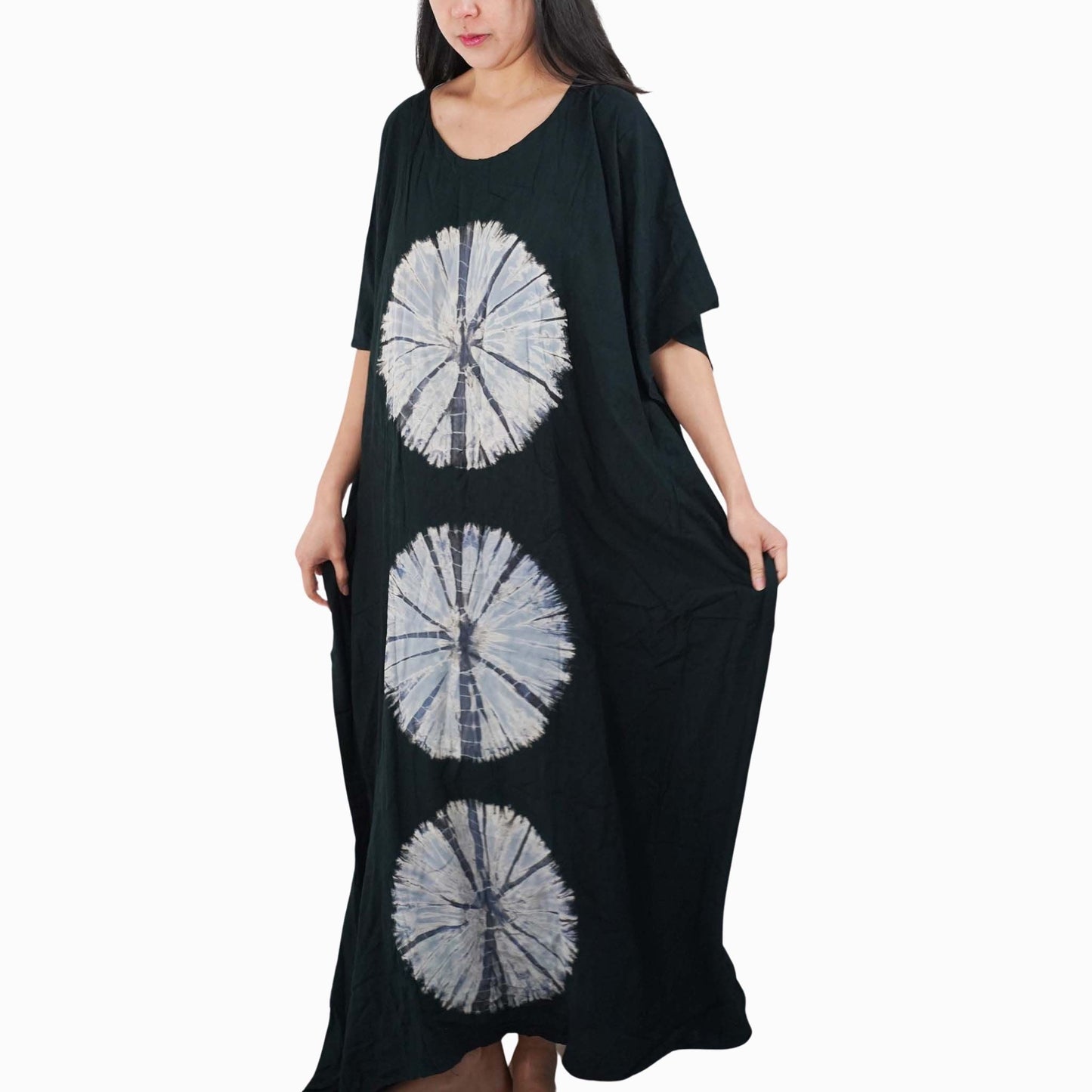 Kaftan Tie Dye Long Dress Shibori Black White Floral Pattern