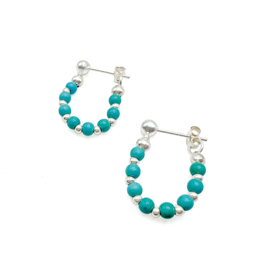 Turquoise Silver Bead Huggie Hoop Earrings Hypoallergenic Silver Plated Post Limited Edition