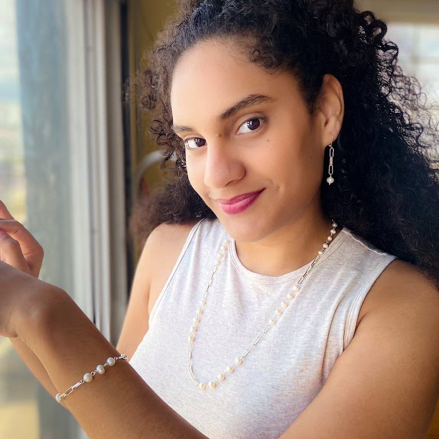 Margot Sterling Silver Pearl Earrings In Paperclip Chain Design Limited Edition Jewelry