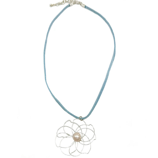 Petals Necklace From Petals Collection Silver Plated Wire Petals With Freshwater Pearl Center Exclusive Light Blue Suede