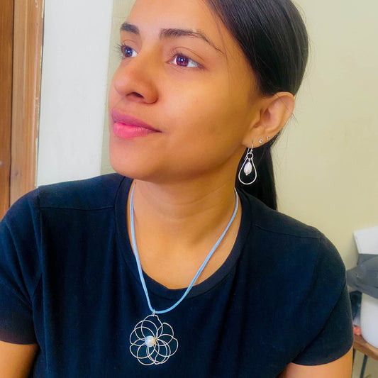 Petals Necklace From Petals Collection Silver Plated Wire Petals With Freshwater Pearl Center Exclusive Light Blue Suede