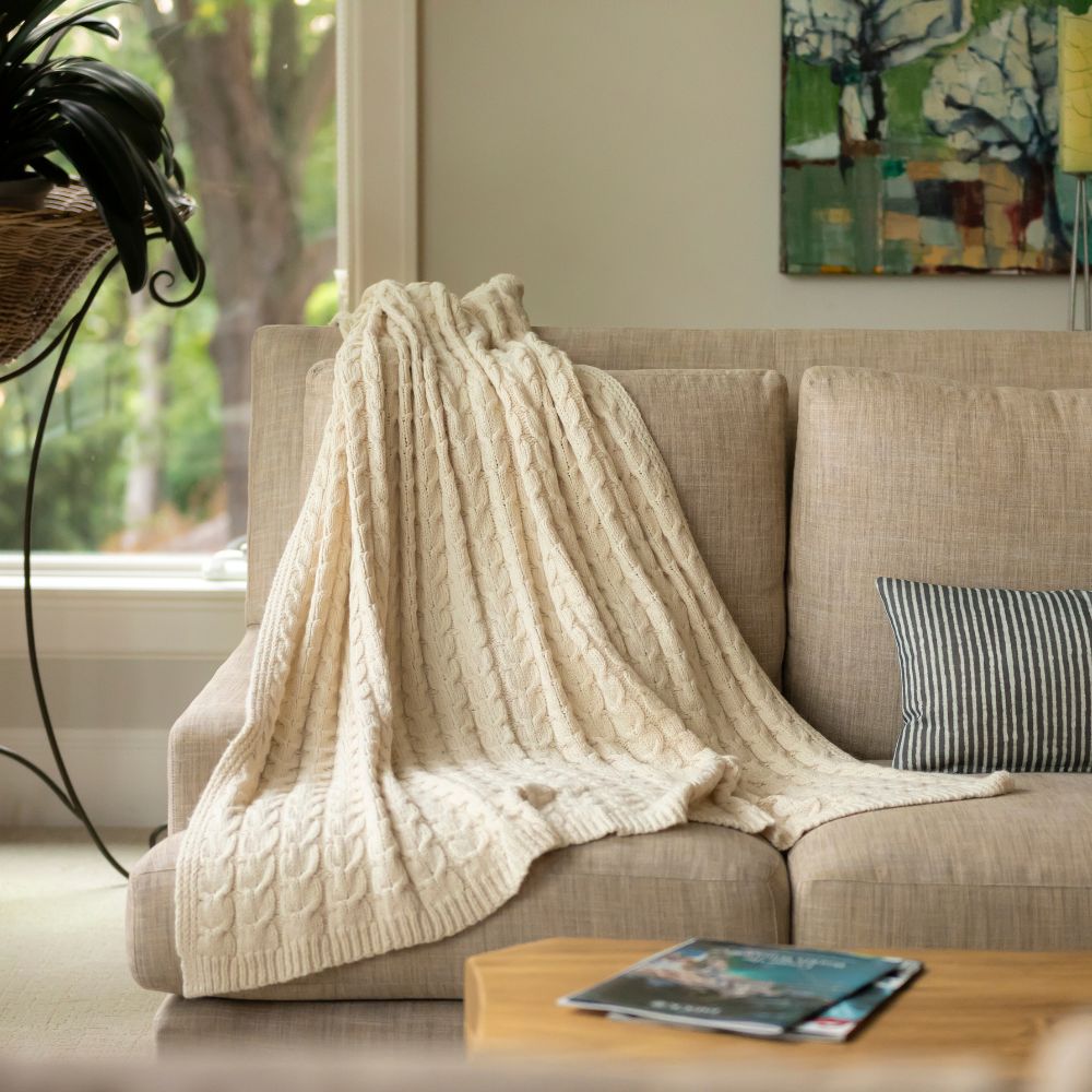 Muru Collection - Pima Cotton & Undyed Baby Alpaca Ivory Cable Throw