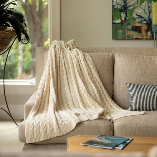 Muru Collection - Pima Cotton & Undyed Baby Alpaca Ivory Cable Throw