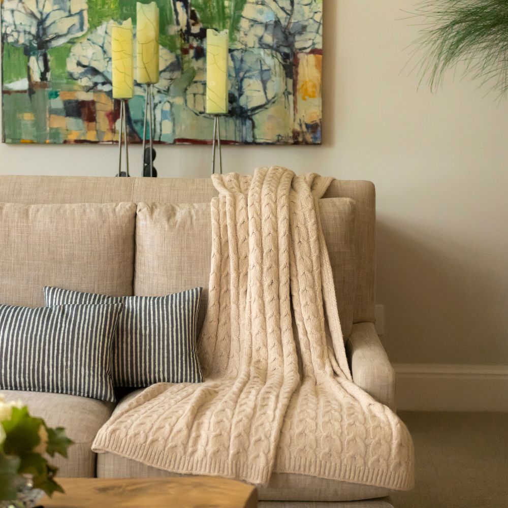 Muru Collection - Pima Cotton & Undyed Baby Alpaca Light Tan Cable Throw