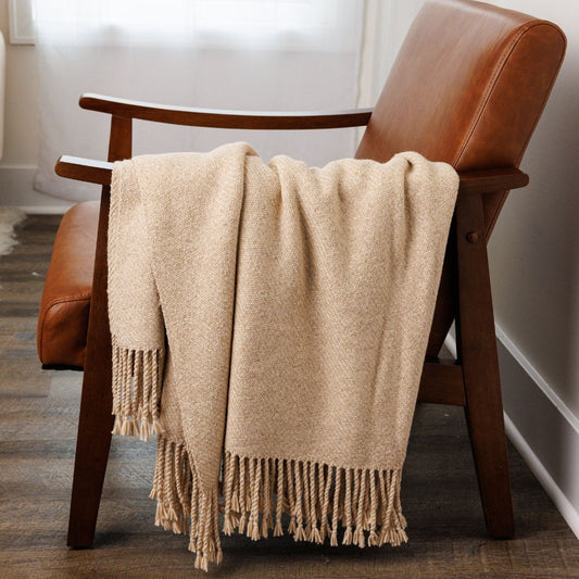 Kulsi Collection - Handloomed Undyed Baby Alpaca & Peruvian Pima Cotton Light Tan Throw Blanket From Peru