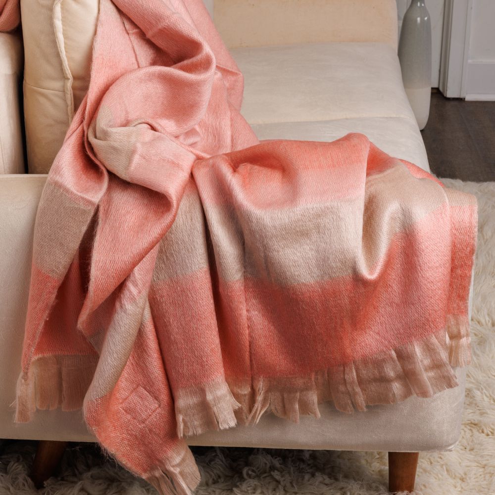 Kallpa Collection - Handwoven Alpaca Throw Blanket From Ecuador - Faded Coral with Eyelash Trim