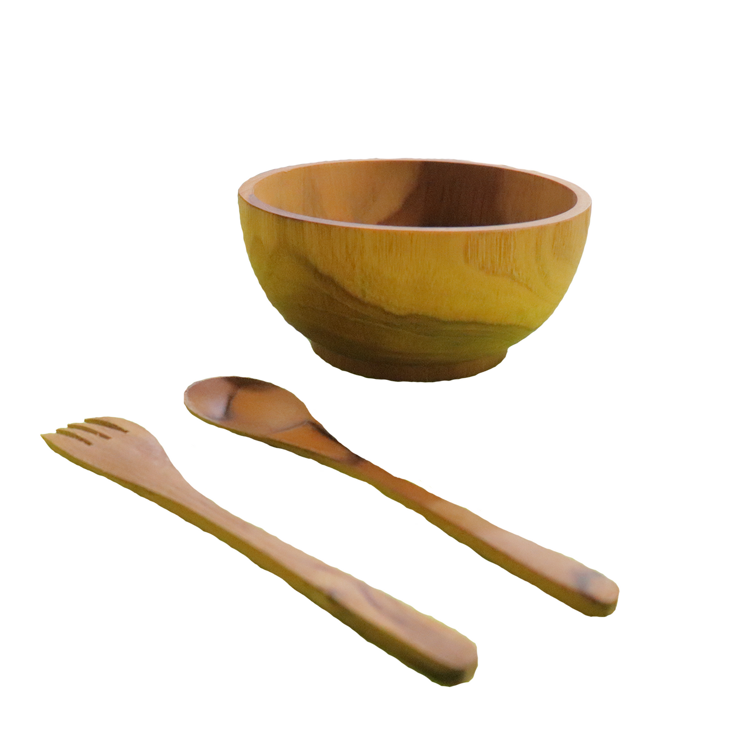 Teak wood bowl with spoon and fork handmade in Indonesia 5.8" small size