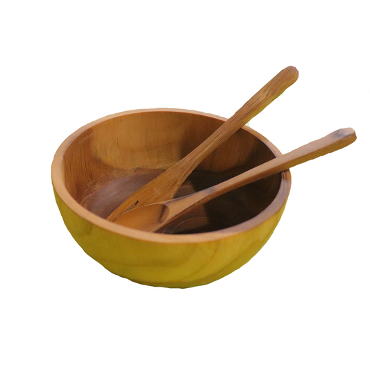 Teak wood bowl with spoon and fork handmade in Indonesia 5.8" small size