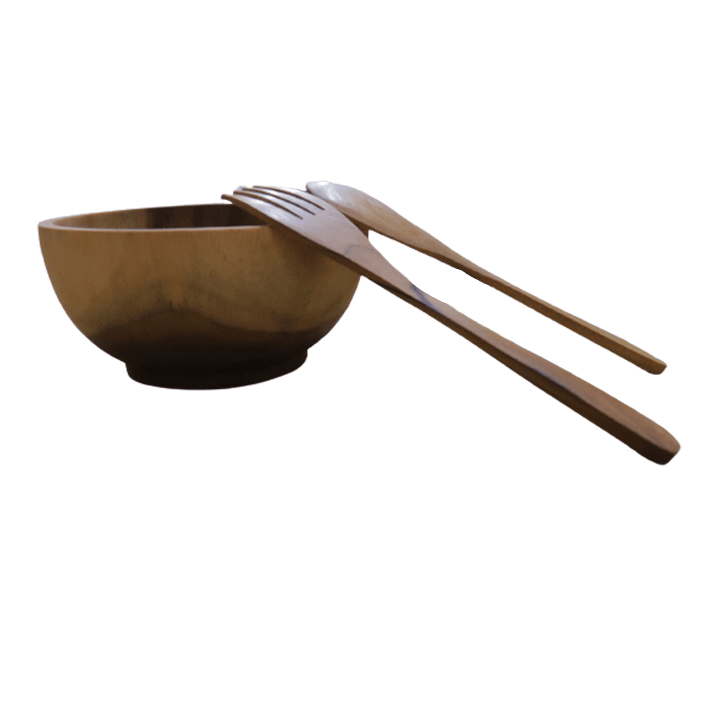 Teak wood bowl with spoon and fork handmade in Indonesia 5.8" small size