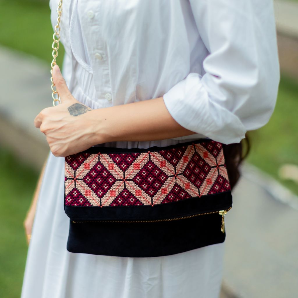 Pre- Order Velvet Tatreez Crossbody - Berry