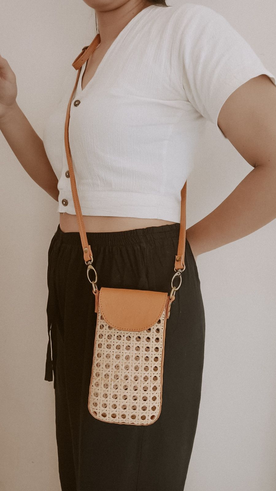 Nia Leather and Rattan Phone Sling