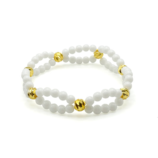 White Jade Lace Bracelet With Textured Gold Plated Beads 4mm Opaque Stones Limited Edition