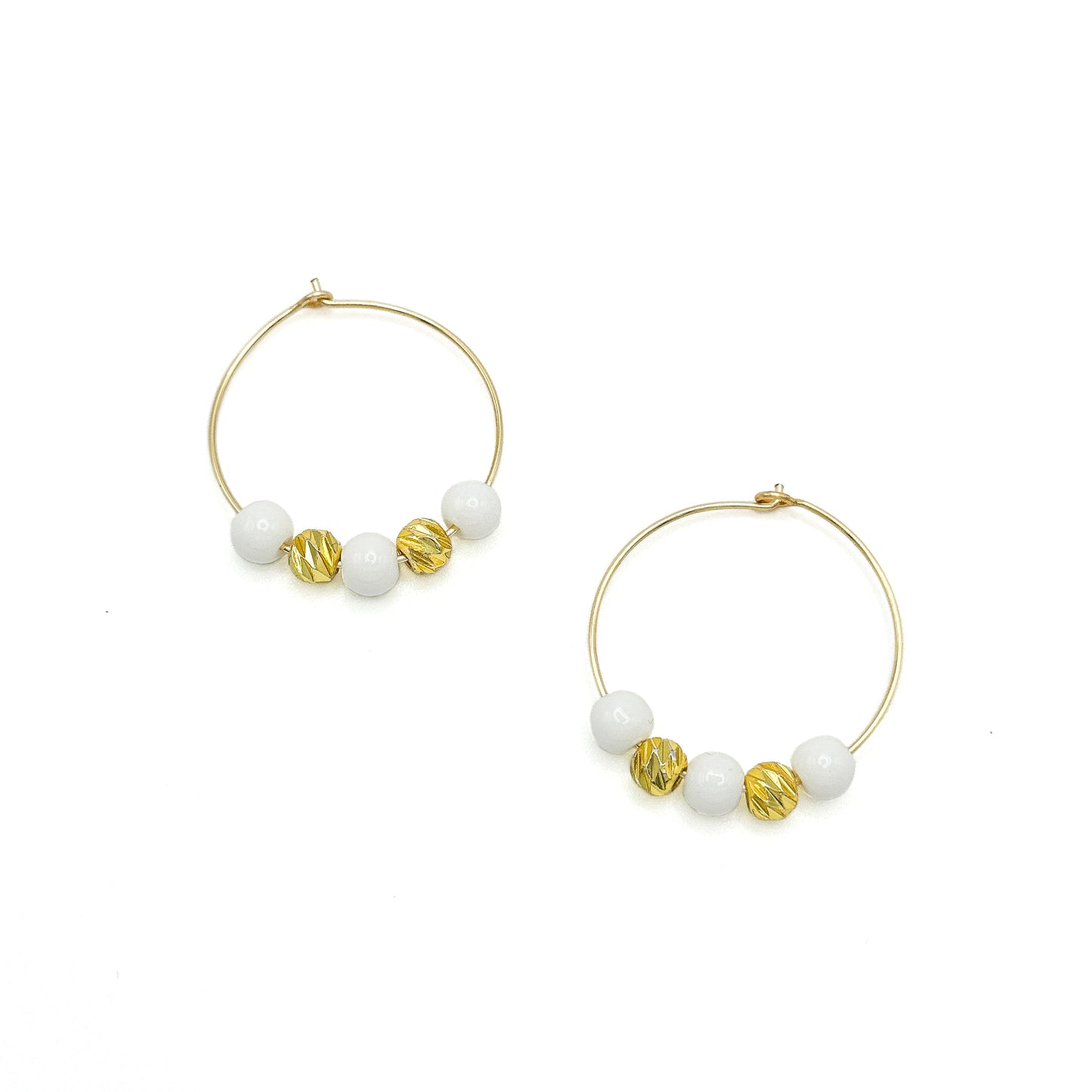 White Jade Beads Gold Plated Hoop Earrings With 7mm Beads Limited Edition Timeless Elegance