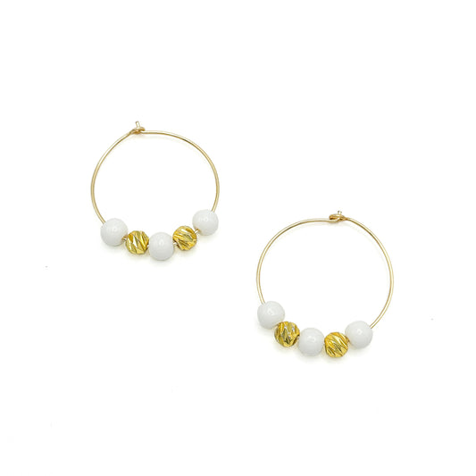 White Jade Beads Gold Plated Hoop Earrings With 7mm Beads Limited Edition Timeless Elegance