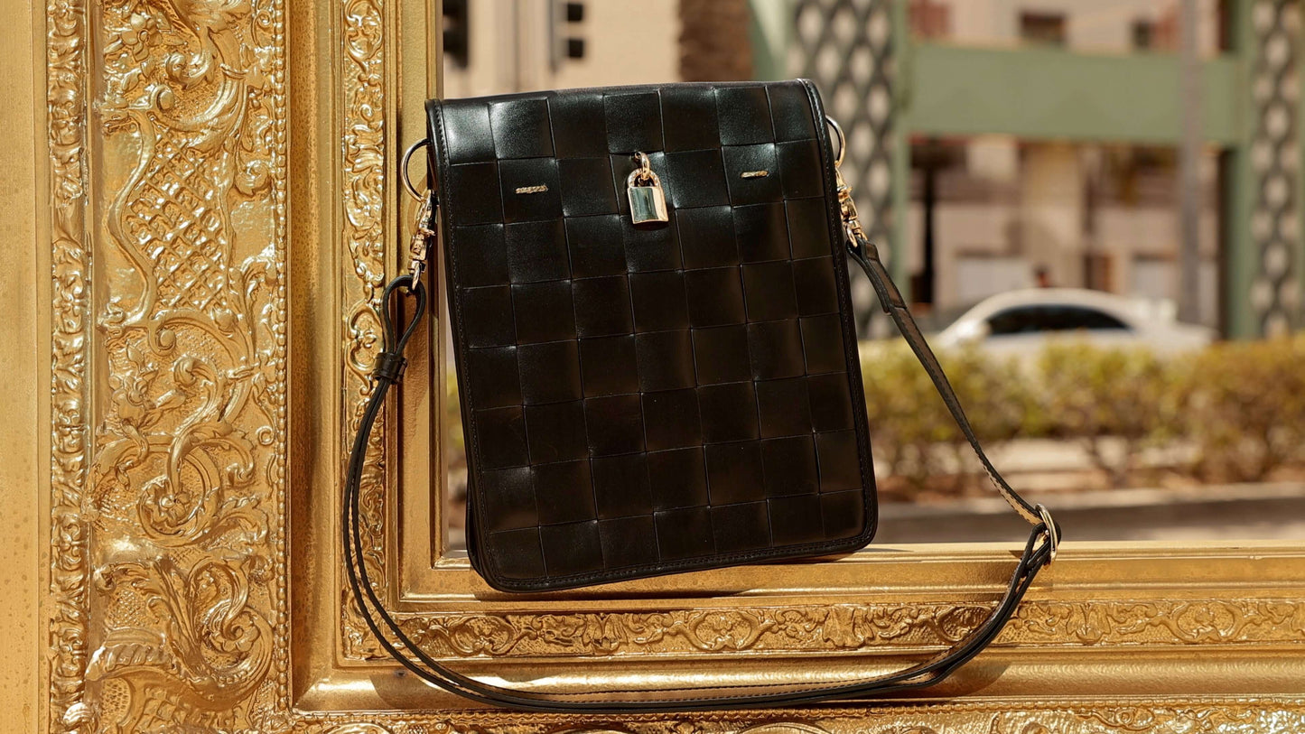 Woven Leather Black Crossbody Bag