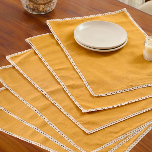 Mustard & Off-White Cotton Crochet Placemats (12" x 18")