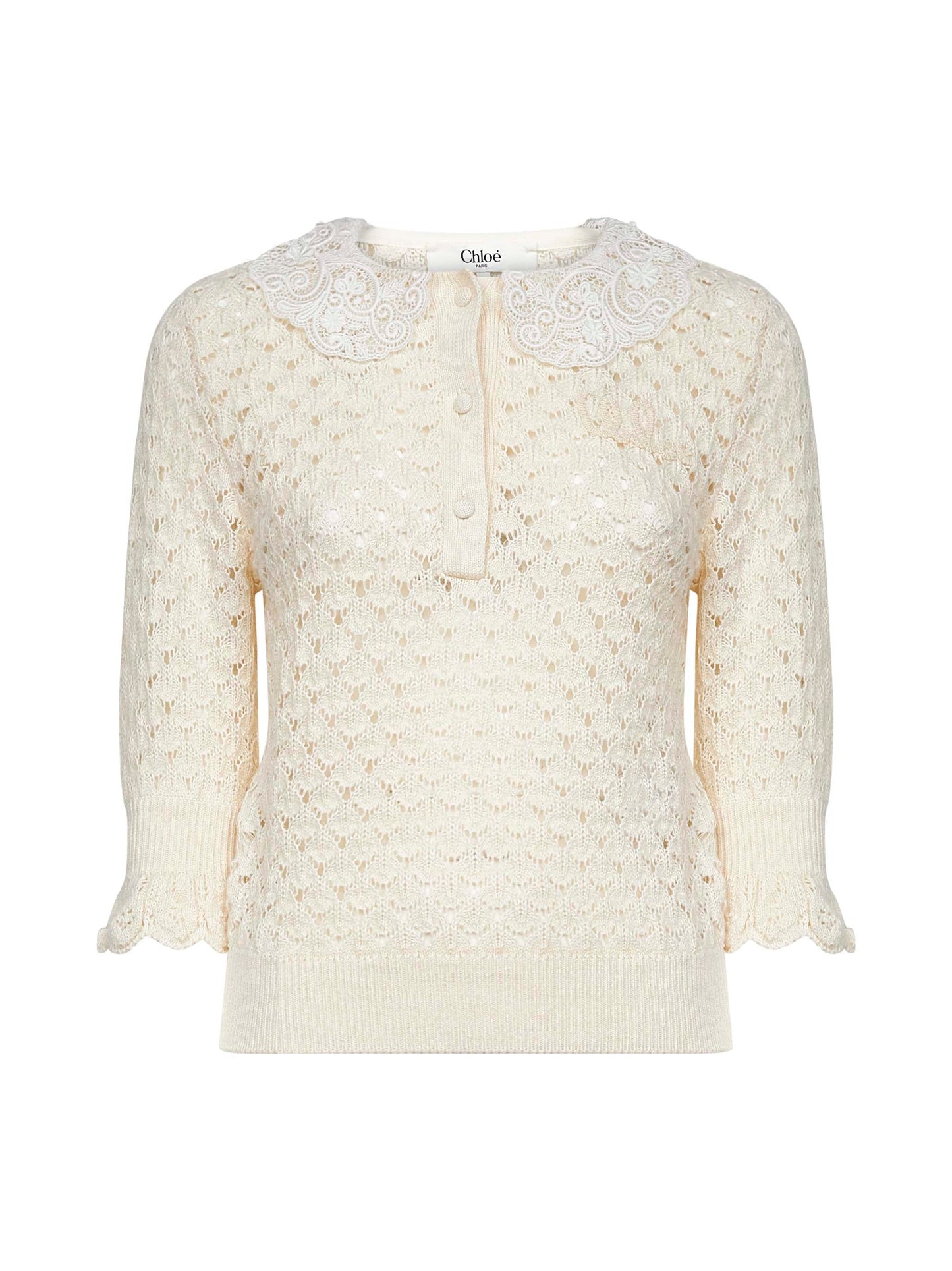 Chloé Women Ivory Knit Polo Shirt With Lace Collar