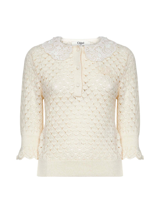 Chloé Women Ivory Knit Polo Shirt With Lace Collar