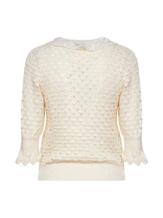 Chloé Women Ivory Knit Polo Shirt With Lace Collar