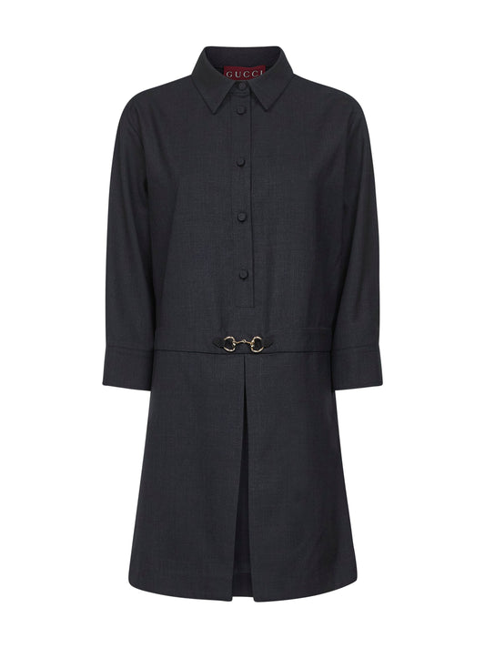 Gucci Women Gray Wool Shirt Dress With Horsebit