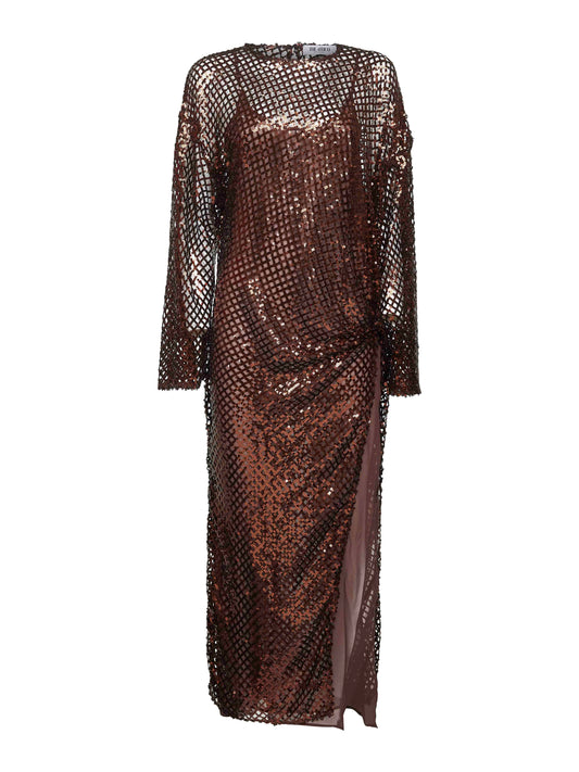The Attico Women Brown Sequin Net Knit Midi Dress