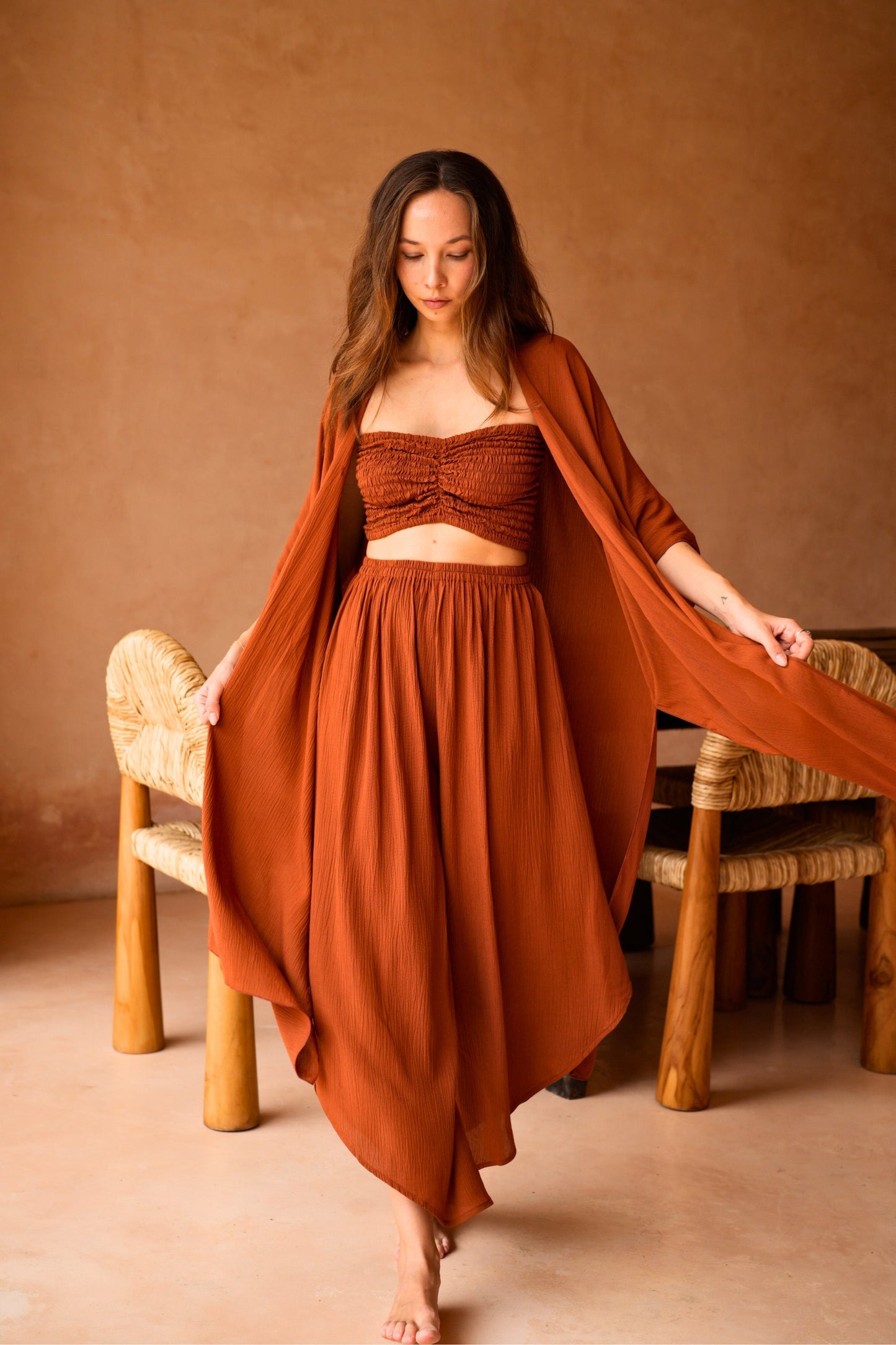 Winona Smocked Tube Top & Asymmetrical Pants Set in Terracotta