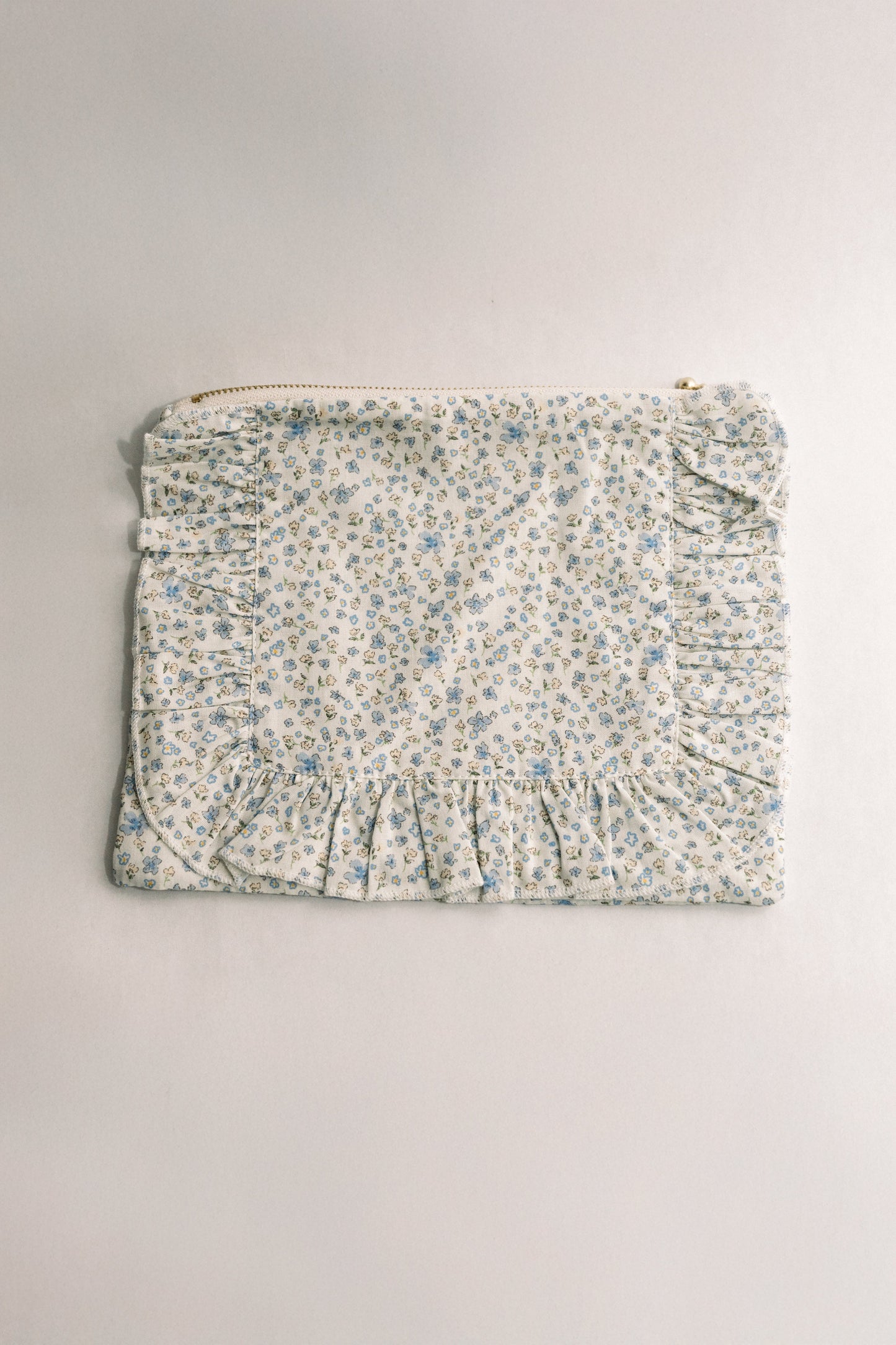 Bluebell Charm | Timeless Floral Ruffle Zipper Pouch