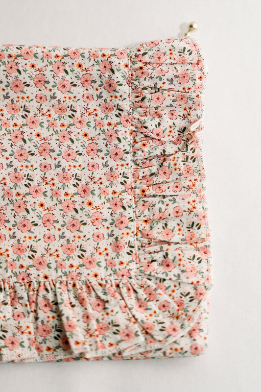 Rosebud Scatter | Timeless Floral Ruffle Zipper Pouch