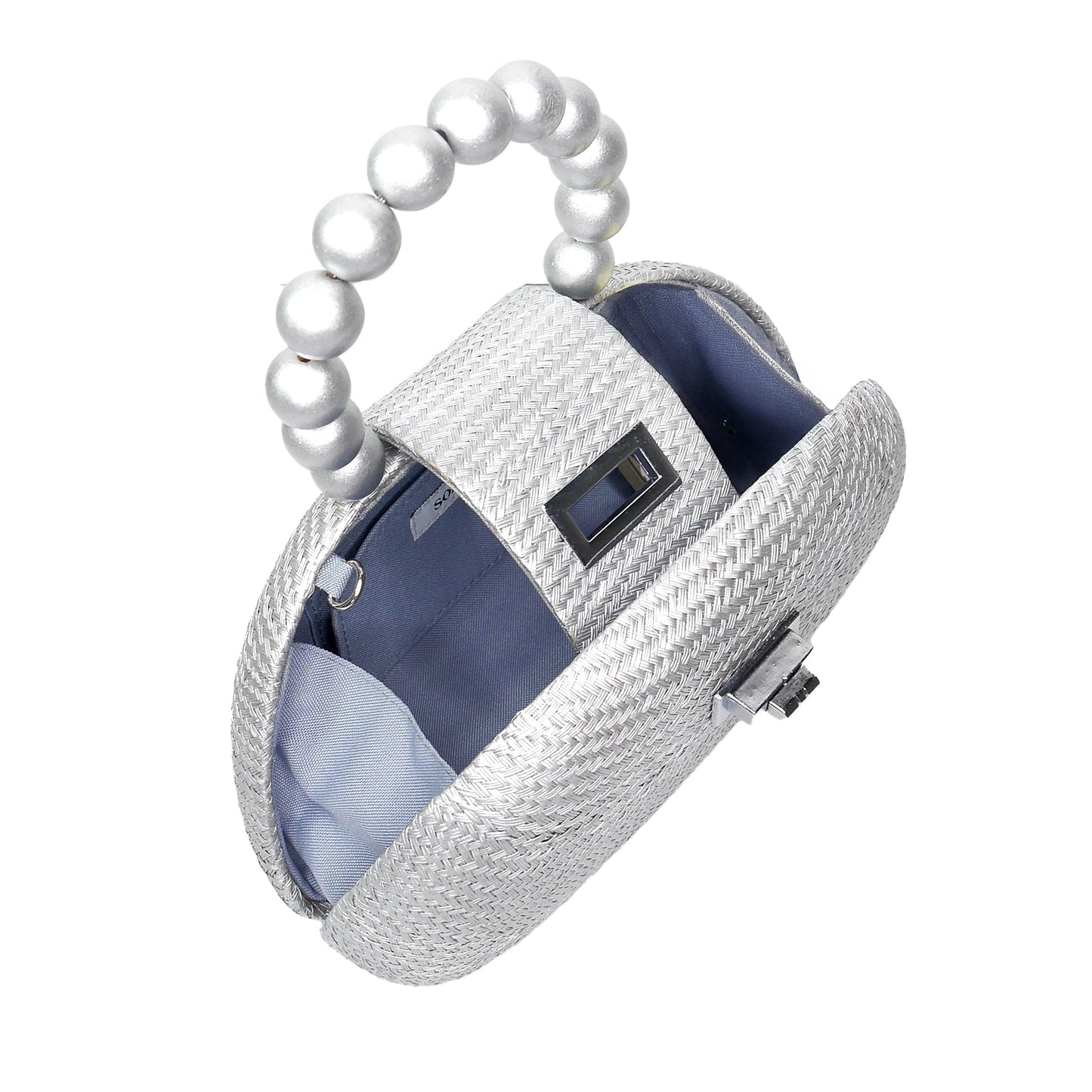 THE ORLA Silver Woven Straw & Wooden Bead Statement Clutch Bag