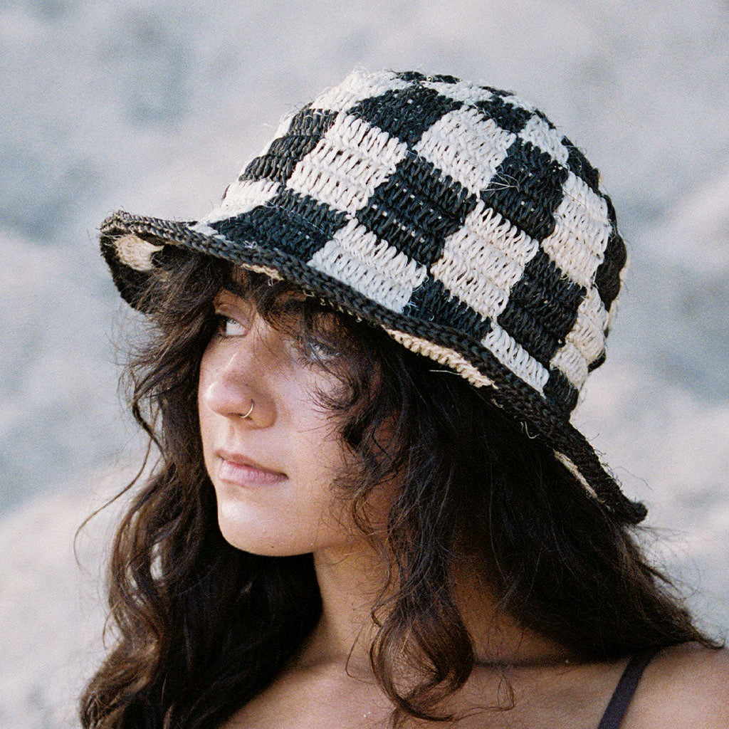 Minga Black + White Checkered Woven Bucket Hat