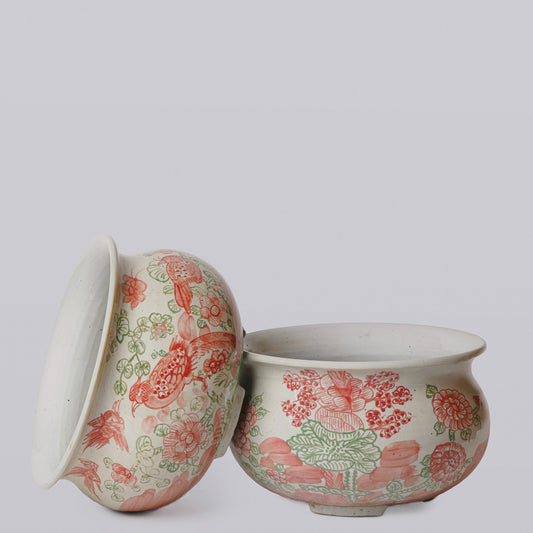 Rustic Four Seasons Pink & Green Porcelain Bulbous Cachepot