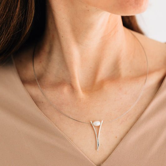 Ati Pearl Plunging V Silver Pendant Necklace
